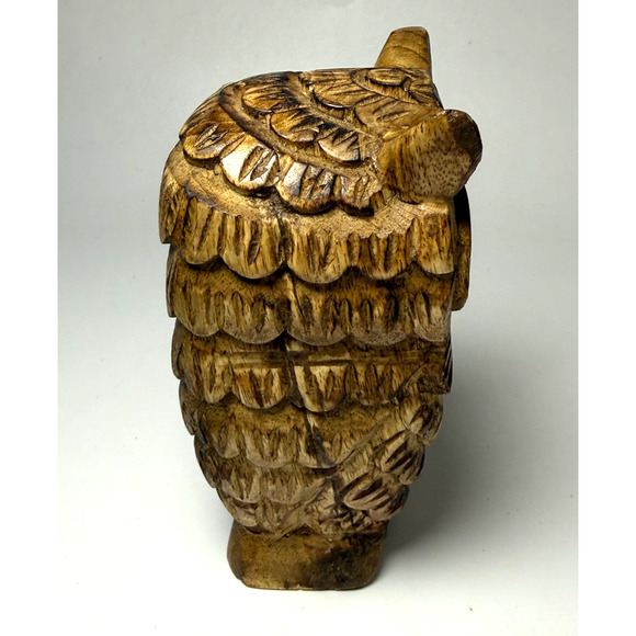 Hand Carved Wooden Owl Statue Sculpture Figurine Free Standing Big Eyes Decor - Picture 5 of 6